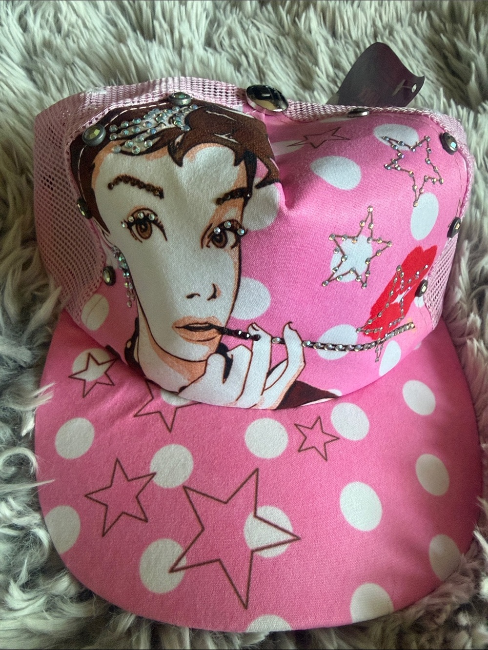 Pink Polka Dot Embellished Trucker Hat with Graphic Face